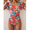 imageEomenie Womens Tummy Control One Piece Swimsuit Ruffle Square Neck Bathing Suit Ruched Cutout Back Slimming SwimwearRed Blue Floral