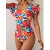 imageEomenie Womens Tummy Control One Piece Swimsuit Ruffle Square Neck Bathing Suit Ruched Cutout Back Slimming SwimwearRed Blue Floral