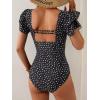 imageEomenie Womens Tummy Control One Piece Swimsuit Ruffle Square Neck Bathing Suit Ruched Cutout Back Slimming SwimwearWhite Polka Dots