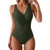 imageEomenie One Piece Swimsuit for Women Tummy Control Bathing Suit V Neck Swim Suit Ruched Criss Cross SwimwearDeep Green