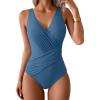 imageEomenie One Piece Swimsuit for Women Tummy Control Bathing Suit V Neck Swim Suit Ruched Criss Cross SwimwearGray Blue
