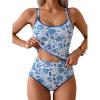 imageEomenie Tankini Swimsuit for Women Tummy Control Ruched Two Piece Bathing Suits High Waisted Shell Stitch SwimwearBlue Floral