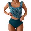 imageEomenie Tankini Swimsuits for Women Ruched Tummy Control Bathing Suit Two Piece Swim Tank Top with High Waisted BottomPeacock Green Print
