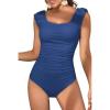 imageEomenie Womens One Piece Swimsuits Puffy Sleeves Tummy Control Bathing Suit Tie Back SwimwearBlue