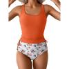 imageEomenie Womens Tankini Swimsuit Tummy Control Ruched Two Piece Bathing Suit Drawstring Swimwear with High Waisted BottomOrange Floral
