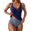 imageEomenie Womens Tankini Swimsuit Two Piece Tummy Control Bathing Suit V Neck Ring Linked Swimwear with High Waisted BottomsNavy Blue Print
