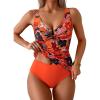 imageEomenie Womens Tankini Swimsuit Two Piece Tummy Control Bathing Suit V Neck Ring Linked Swimwear with High Waisted BottomsOrange Red Print