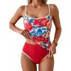 imageEomenie Womens Tankini Swimsuits Two Piece Tummy Control Bathing Suit Color Block Slim Swimwear with High Waisted BottomPrinted Red Blue