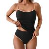 imageEomenie Womens Tankini Swimsuits Two Piece Tummy Control Bathing Suit Color Block Slim Swimwear with High Waisted BottomRibbed Black and Light Pink