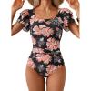 imageEomenie Womens Tummy Control One Piece Swimsuit Ruffle Square Neck Bathing Suit Ruched Cutout Back Slimming SwimwearBlack Red Floral