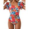 imageEomenie Womens Tummy Control One Piece Swimsuit Ruffle Square Neck Bathing Suit Ruched Cutout Back Slimming SwimwearRed Blue Floral