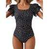 imageEomenie Womens Tummy Control One Piece Swimsuit Ruffle Square Neck Bathing Suit Ruched Cutout Back Slimming SwimwearWhite Polka Dots