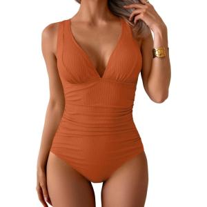 imageEomenie One Piece Swimsuit for Women Tummy Control Plunge V Neck Bathing Suit Slimming Wide Straps SwimwearOrange Ribbed