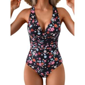 imageEomenie One Piece Swimsuit for Women Tummy Control Slimming Bathing Suit Wide Straps V Neck Swim Suit Cross Back SwimwearBlack Pink Floral