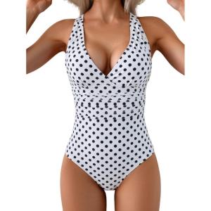 imageEomenie One Piece Swimsuit for Women Tummy Control Slimming Bathing Suit Wide Straps V Neck Swim Suit Cross Back SwimwearBlack Polka Dots