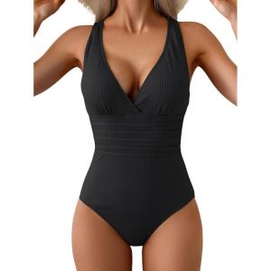 imageEomenie One Piece Swimsuit for Women Tummy Control Slimming Bathing Suit Wide Straps V Neck Swim Suit Cross Back SwimwearBlack Ribbed