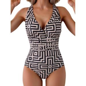 imageEomenie One Piece Swimsuit for Women Tummy Control Slimming Bathing Suit Wide Straps V Neck Swim Suit Cross Back SwimwearBlack Yellow Print