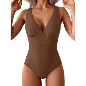 imageEomenie One Piece Swimsuit for Women Tummy Control Slimming Bathing Suit Wide Straps V Neck Swim Suit Cross Back SwimwearBrown
