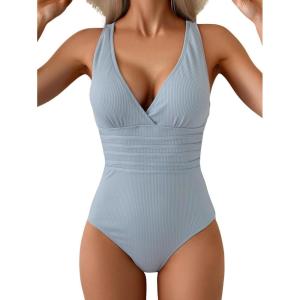 imageEomenie One Piece Swimsuit for Women Tummy Control Slimming Bathing Suit Wide Straps V Neck Swim Suit Cross Back SwimwearGrey Blue Ribbed