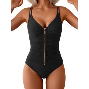 imageEomenie One Piece Swimsuit for Women Zip Front Tummy Control Bathing Suit Ruched Slimming Swimwear Double Straps Swim SuitBlack