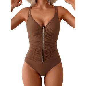 imageEomenie One Piece Swimsuit for Women Zip Front Tummy Control Bathing Suit Ruched Slimming Swimwear Double Straps Swim SuitBrown