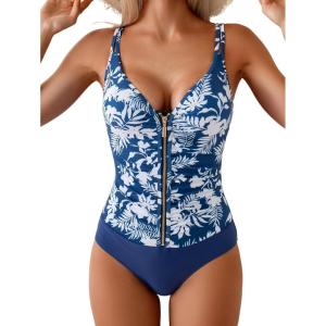 imageEomenie One Piece Swimsuit for Women Zip Front Tummy Control Bathing Suit Ruched Slimming Swimwear Double Straps Swim SuitNavy Blue Print
