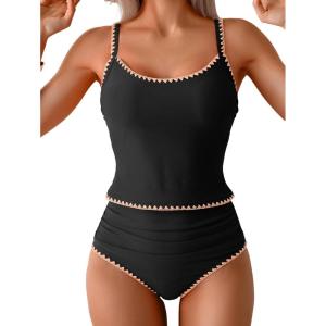 imageEomenie Tankini Swimsuit for Women Tummy Control Ruched Two Piece Bathing Suits High Waisted Shell Stitch SwimwearBlackpeach