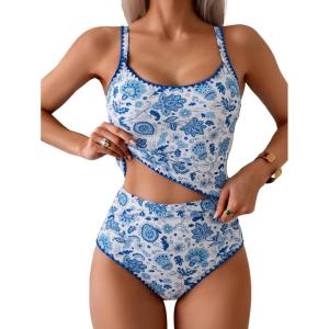 imageEomenie Tankini Swimsuit for Women Tummy Control Ruched Two Piece Bathing Suits High Waisted Shell Stitch SwimwearBlue Floral