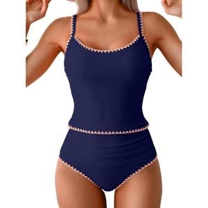 imageEomenie Tankini Swimsuit for Women Tummy Control Ruched Two Piece Bathing Suits High Waisted Shell Stitch SwimwearNavy Blue