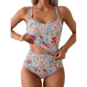 imageEomenie Tankini Swimsuit for Women Tummy Control Ruched Two Piece Bathing Suits High Waisted Shell Stitch SwimwearPink Floral