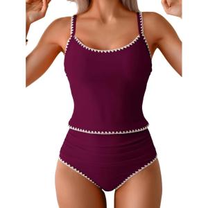 imageEomenie Tankini Swimsuit for Women Tummy Control Ruched Two Piece Bathing Suits High Waisted Shell Stitch SwimwearWine Red