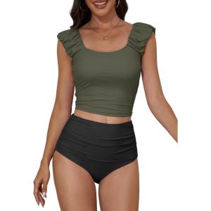 imageEomenie Tankini Swimsuits for Women Ruched Tummy Control Bathing Suit Two Piece Swim Tank Top with High Waisted BottomArmy Green Black