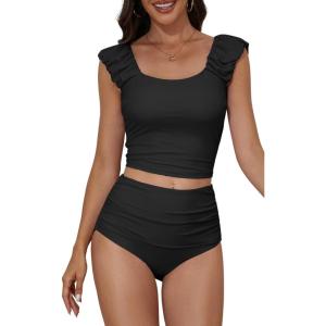 imageEomenie Tankini Swimsuits for Women Ruched Tummy Control Bathing Suit Two Piece Swim Tank Top with High Waisted BottomBlack