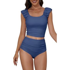 imageEomenie Tankini Swimsuits for Women Ruched Tummy Control Bathing Suit Two Piece Swim Tank Top with High Waisted BottomBlue