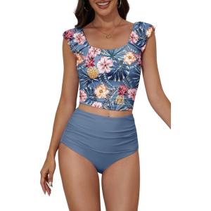 imageEomenie Tankini Swimsuits for Women Ruched Tummy Control Bathing Suit Two Piece Swim Tank Top with High Waisted BottomBlue Floral