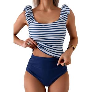 imageEomenie Tankini Swimsuits for Women Ruched Tummy Control Bathing Suit Two Piece Swim Tank Top with High Waisted BottomBlue Stripe