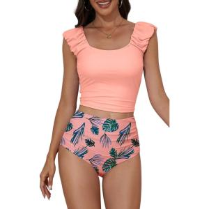 imageEomenie Tankini Swimsuits for Women Ruched Tummy Control Bathing Suit Two Piece Swim Tank Top with High Waisted BottomCoral