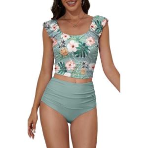 imageEomenie Tankini Swimsuits for Women Ruched Tummy Control Bathing Suit Two Piece Swim Tank Top with High Waisted BottomGreen Floral