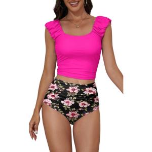 imageEomenie Tankini Swimsuits for Women Ruched Tummy Control Bathing Suit Two Piece Swim Tank Top with High Waisted BottomHot Pink