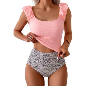 imageEomenie Tankini Swimsuits for Women Ruched Tummy Control Bathing Suit Two Piece Swim Tank Top with High Waisted BottomLight Pink Print