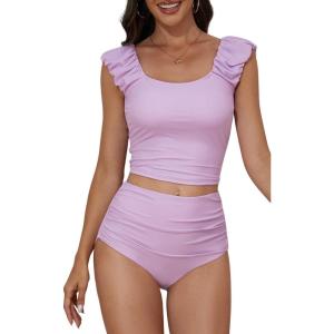 imageEomenie Tankini Swimsuits for Women Ruched Tummy Control Bathing Suit Two Piece Swim Tank Top with High Waisted BottomLight Purple