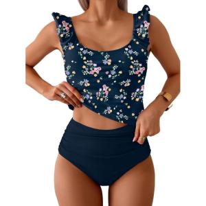 imageEomenie Tankini Swimsuits for Women Ruched Tummy Control Bathing Suit Two Piece Swim Tank Top with High Waisted BottomNavy Blue Pink Floral