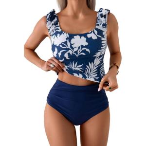 imageEomenie Tankini Swimsuits for Women Ruched Tummy Control Bathing Suit Two Piece Swim Tank Top with High Waisted BottomNavy Blue Print