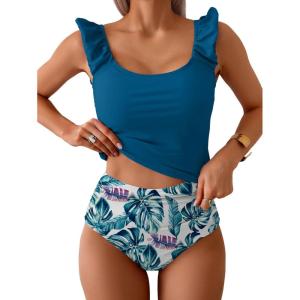imageEomenie Tankini Swimsuits for Women Ruched Tummy Control Bathing Suit Two Piece Swim Tank Top with High Waisted BottomPeacock Blue Leaf