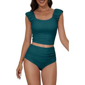 imageEomenie Tankini Swimsuits for Women Ruched Tummy Control Bathing Suit Two Piece Swim Tank Top with High Waisted BottomPeacock Green