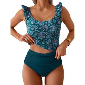 imageEomenie Tankini Swimsuits for Women Ruched Tummy Control Bathing Suit Two Piece Swim Tank Top with High Waisted BottomPeacock Green Print