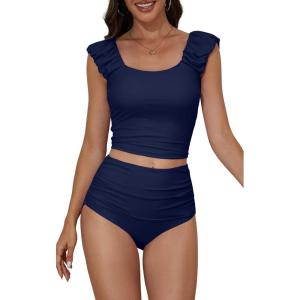 imageEomenie Tankini Swimsuits for Women Ruched Tummy Control Bathing Suit Two Piece Swim Tank Top with High Waisted BottomPurplish Blue