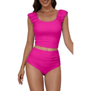 imageEomenie Tankini Swimsuits for Women Ruched Tummy Control Bathing Suit Two Piece Swim Tank Top with High Waisted BottomRose Red