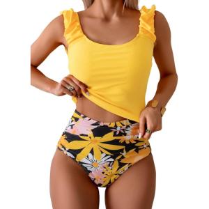 imageEomenie Tankini Swimsuits for Women Ruched Tummy Control Bathing Suit Two Piece Swim Tank Top with High Waisted BottomYellow Print