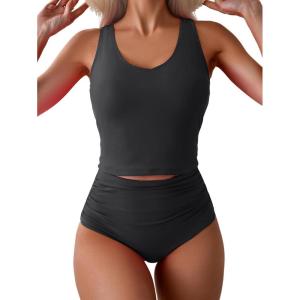 imageEomenie Two Piece Tankini Swimsuits for Women Tummy Control Bathing Suits Cutout Back Swim Tank Top with High Waisted BottomBlack